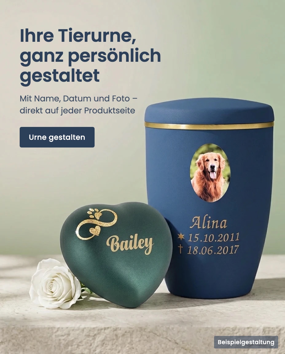 Ihre Tierurne, ganz persönlich gestaltet – mit Name, Datum und Foto